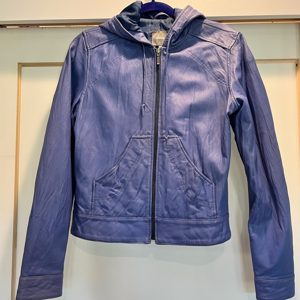 Kenna-T blue leather moto jacket with hood L - Picture 2 of 12